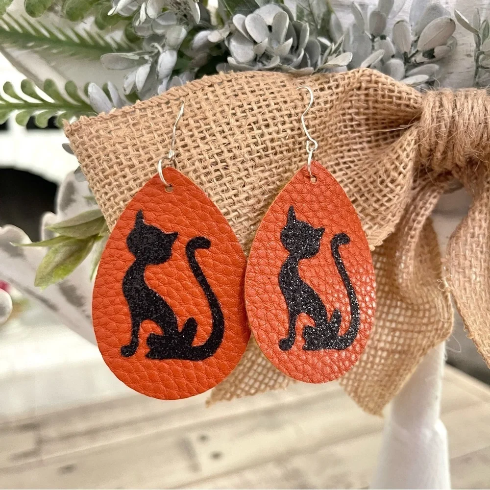 Halloween Earrings Orange Faux Leather Earrings Black Glitter Black Cats - Picture 2 of 2